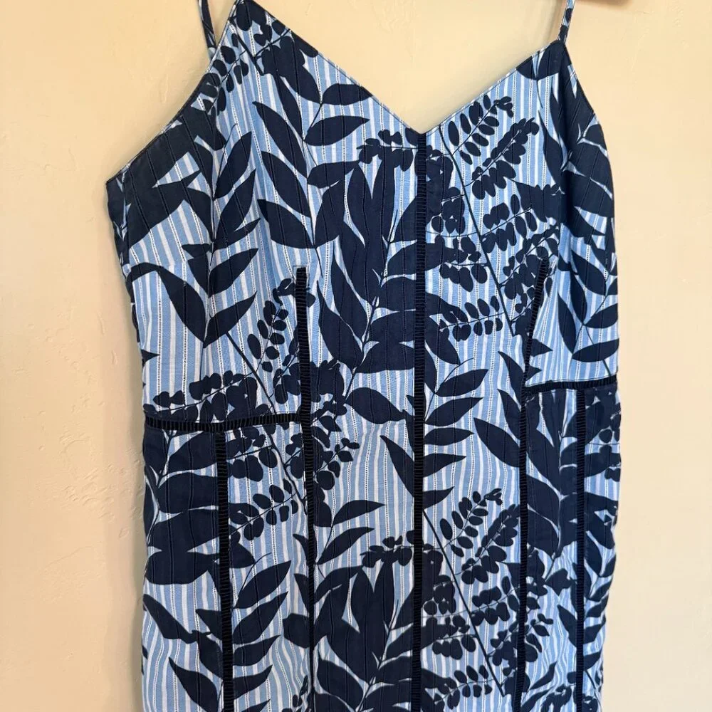 Banana Republic Blue Leaf Print Cotton Midi Dress Strappy Summer Sundress Size 1